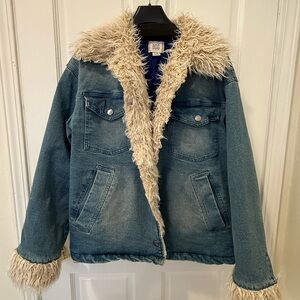 BDG Blue Quilted Jacket with Faux Fur Trim